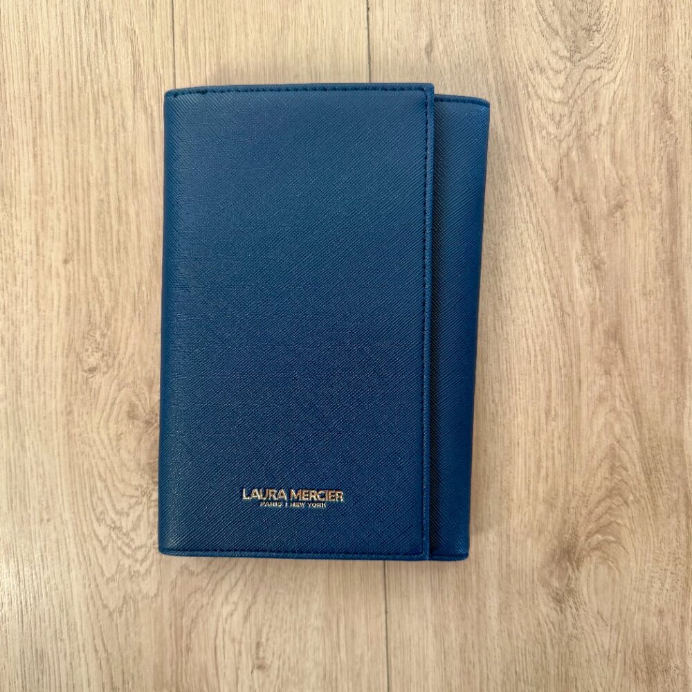 Laura Mercier Blue Leather Makeup Brush Case with brushes